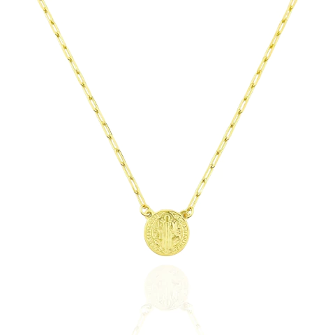 Colar Elo Cadeado Medalha de São Bento Banhado a Ouro