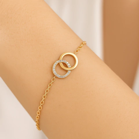 Pulseira Círculos Liso e Cravejado Banhada a Ouro