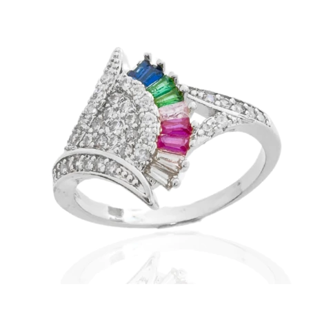 Anel Leque Colorido e Zircônias Cristais Banhado a Prata