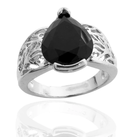 Anel Aro Rendado Com Gota Preta Banhado a Prata