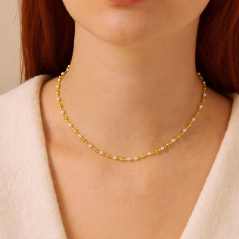 Colar Choker Mini Pérolas e Bolinhas Banhado a Ouro - comprar online