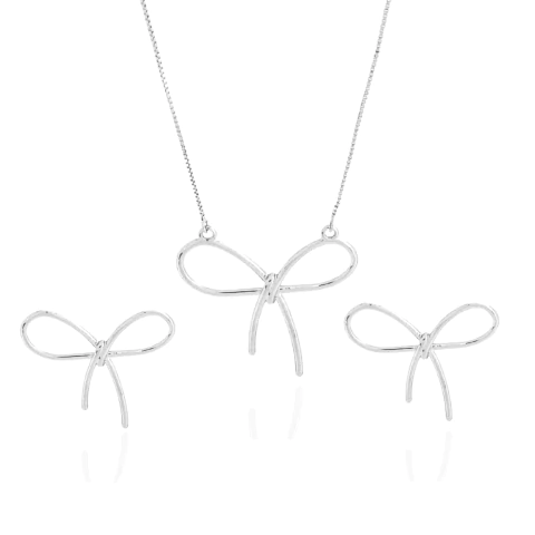 Conjunto Colar e Brinco Laço Vazado Banhado a Prata