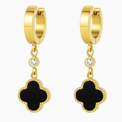 Brinco Dourado Trevo Preto Aço Inox 316L com Zircônia