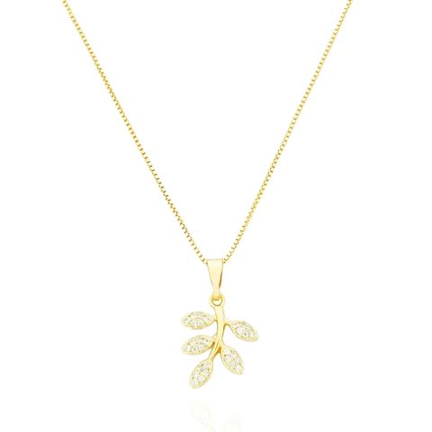 Colar Ramos De Folhas Cristais Banhado a Ouro