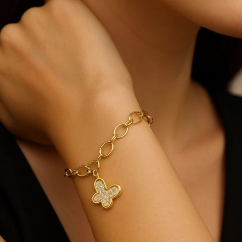 Pulseira Elos Ovais Com Borboleta Cristal Banhada a Ouro