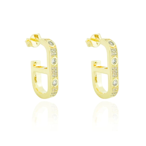 Brinco Argola Oval Cravejada Cristal Banhado a Ouro