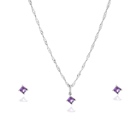 Conjunto Mini Quadrado Lilás Banhado a Prata