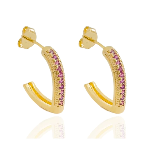 Brinco Argolinha Triangular Cravejada Pink Banhado a Ouro