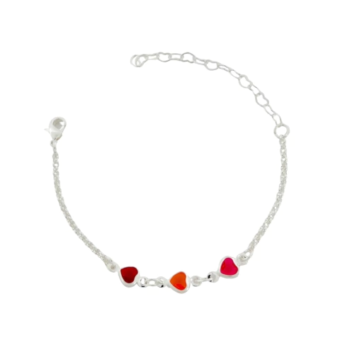 Pulseira Infantil Três Corações Coloridos Banhada a Prata