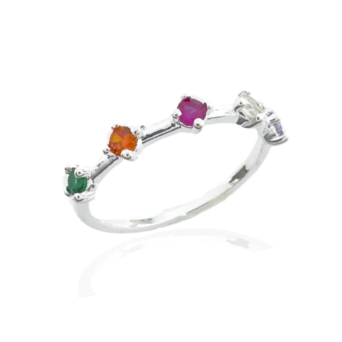 Anel Zircônias Colors Espaçadas Banhado a Prata