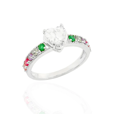 Anel Solitário Coração e Zircônias Colors Banhado a Prata