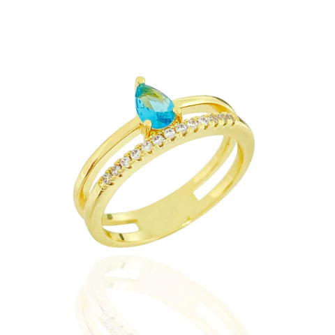 Anel Aro Duplo Zircônias e Gota Azul Turquesa Banhado a Ouro