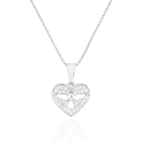 Colar Coração Cristal Espírito Santo Vazado Banhado a Prata