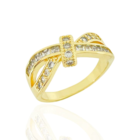 Anel Laço Cravejado Cristal Banhado a Ouro