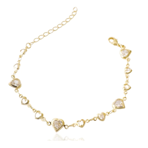 Pulseira Corações Maiores e Menores Cristais Banhada a Ouro