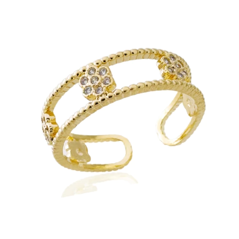 Anel Ajustável Aro Duplo e Florzinhas Banhado a Ouro