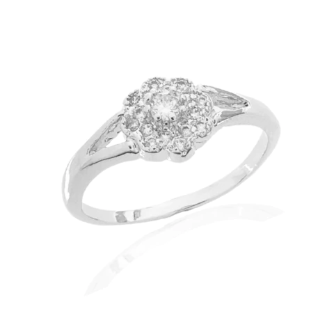 Anel Flor Cravejado Zircônia Cristal Banhado a Prata