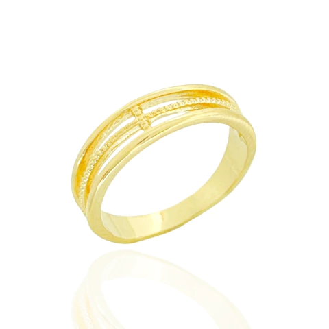 Anel Três Aros Lisos e Pontilhado Banhado a Ouro