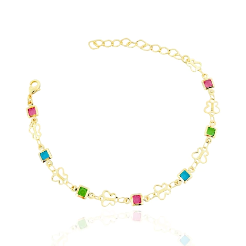 Pulseira Quadradinhos Colors e Borboletas Banhada a Ouro