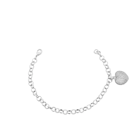 Pulseira Elo Português e Coração Cravejado Banhada a Prata