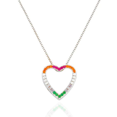 Colar Coração Cravejado Zircônias Colors Banhado a Prata