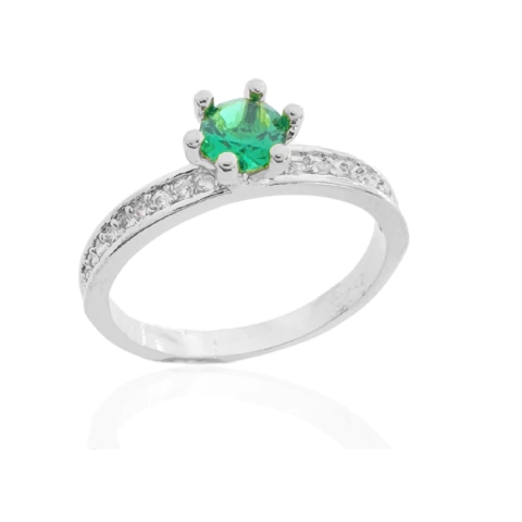 Anel Solitário Verde Esmeralda Cravejado Banhado a Prata