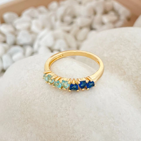 Anel Coraçõezinhos Azuis Banhado a Ouro