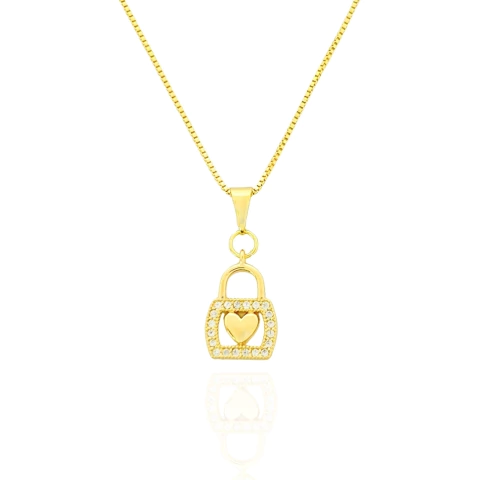Colar Cadeado Cravejado Com Coração Liso Banhado a Ouro
