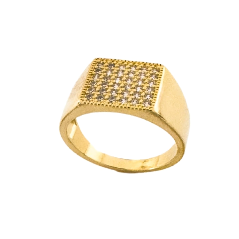 Anel Quadrado Largo Cravejado Banhado a Ouro