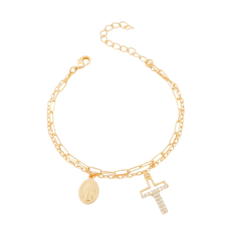 Pulseira Dupla Nossa Senhora e Cruz Cravejada Banhada a Ouro