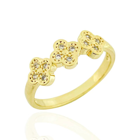 Anel Três Trevos Cravejados Banhado a Ouro