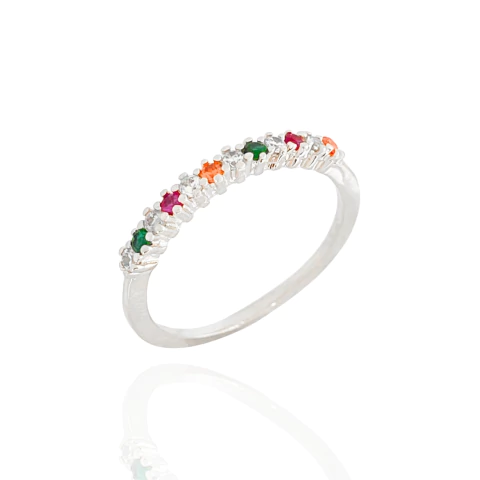 Anel Aparador Zircônias Cristais e Colors Banhado a Prata