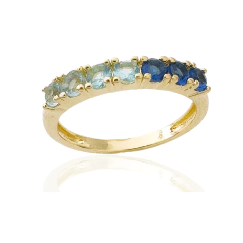 Anel Zircônias Redondas Azuis Banhado a Ouro