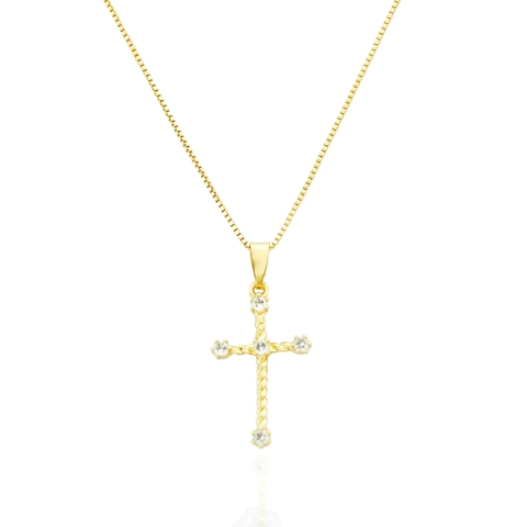 Colar Cruz Torcida Com Pontos de Luz Banhado a Ouro