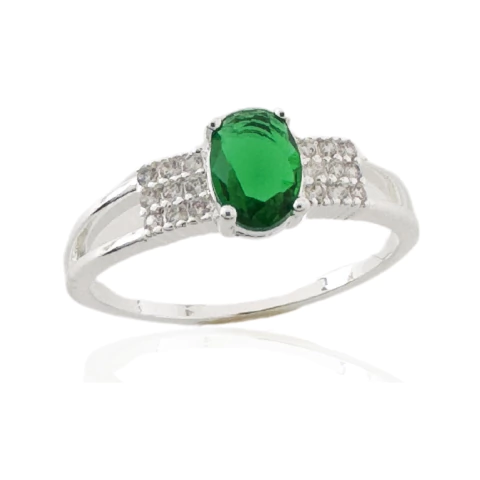Anel Pedra Verde Oval e Zircônias Cristais Banhado a Prata