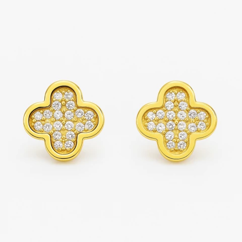 Brinco Trevo Cravejado Aço Inox 316L Dourado Luxo