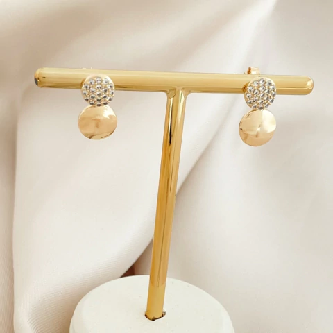 Brinco Duas Bolinhas Cravejada e Lisa Banhado a Ouro