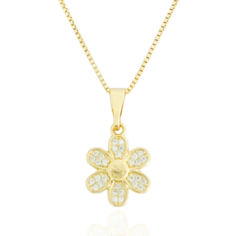 Colar Florzinha Pétalas Cravejadas Banhado a Ouro