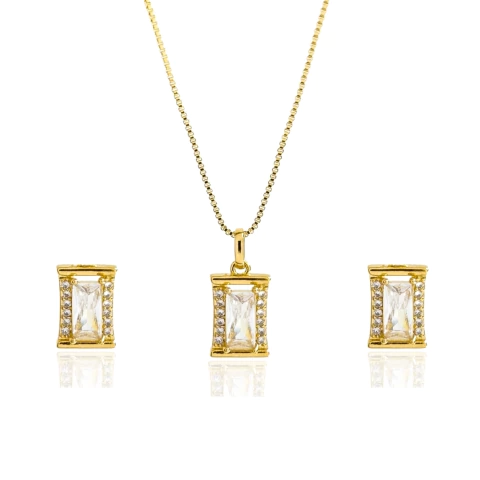 Conjunto Retângulo Cristal Banhado a Ouro