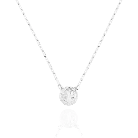 Colar Elo Cadeado Medalha de São Bento Banhado a Prata