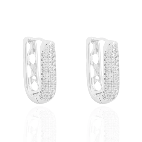 Brinco Argolinha Oval Longa Cravejada Banhado a Prata