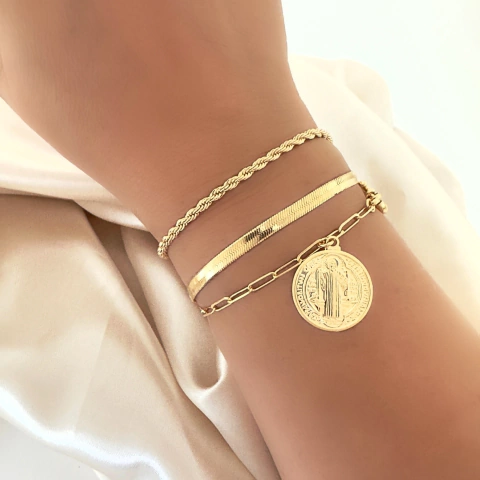 Pulseira São Bento Elo Cadeado Banhada a Ouro