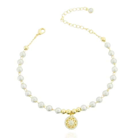 Pulseira Pérolas Com Mandala Cravejada Banhada a Ouro