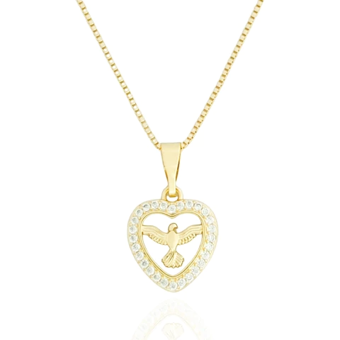 Colar Coração Cravejado Espírito Santo Banhado a Ouro