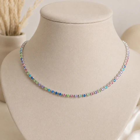 Choker Gargantilha Pedrinhas Coloridas Banhada a Prata