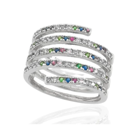 Anel Largo Com Zircônias Coloridas Banhado a Prata