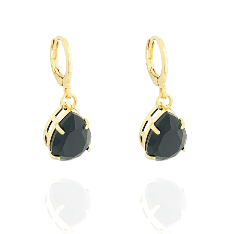 Brinco Argolinha Click Gota Zircônia Preta Banhado a Ouro