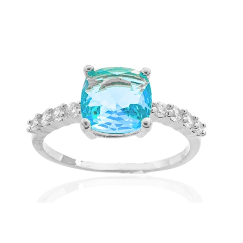 Anel Pedra Azul Turquesa E Zircônias Banhado a Prata