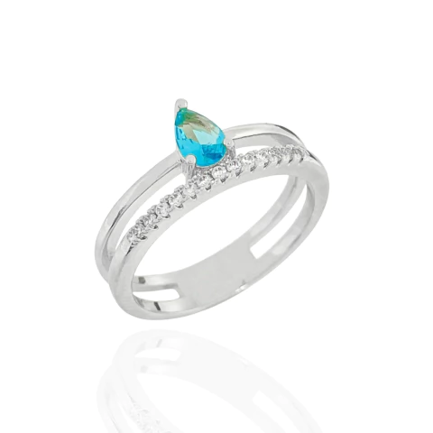 Anel Aro Duplo Zircônias e Gota Azul Turquesa Banhado a Prata