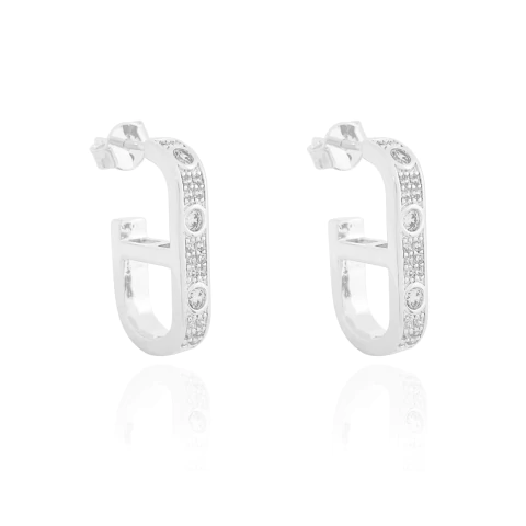 Brinco Argola Oval Cravejada Cristal Banhado a Prata